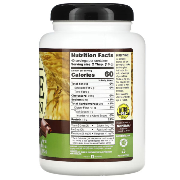 NutriBiotic, Raw Rice Protein, Chocolate, 1 lbs 6.9 oz (650 g)